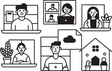 Black and white flat illustrations of people working remotely from home remote work home office