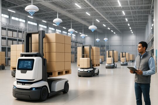 Futuristic warehouse with autonomous forklifts transporting packages under smart sensors while technician monitors operations on digital tablet screen. Ai generative