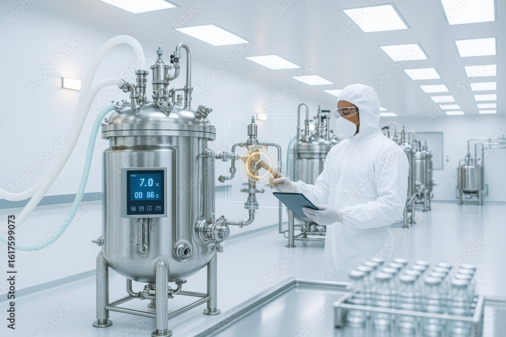 Aufkleber scientist in sterile suit operating industrial bioreactor with digital interface in modern pharmaceu