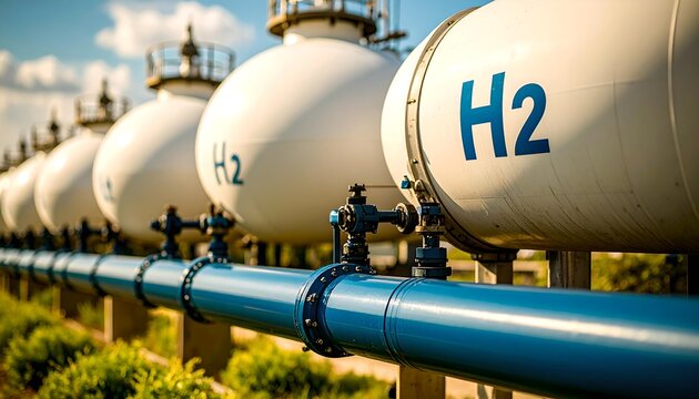Closeup of H2, hydrogen piping and tanks at industrial facility