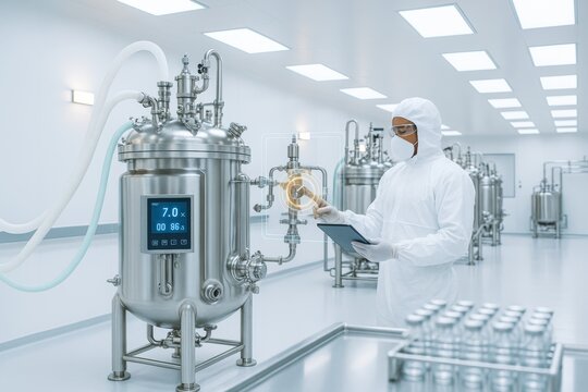 Scientist in sterile suit operating industrial bioreactor with digital interface in modern pharmaceutical lab background under bright light.. Ai generative