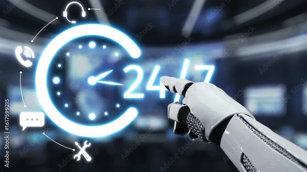 Aufkleber a robotic hand points to a glowing digital clock that indicates 24-hour availability, surrounded by 