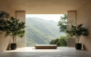 Natural light floods a modern minimalist space overlooking lush green mountains during early morning hours