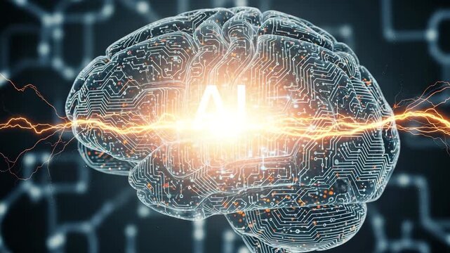 AI brain with circuit patterns and glowing electric pulse  
