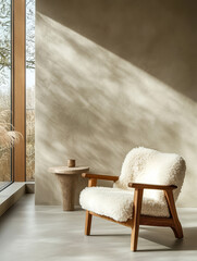 Cozy armchair near a large window with soft lighting and natural views in a minimalist interior setting