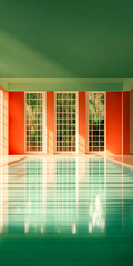 Bright indoor swimming pool with orange walls and green ceiling in a tropical setting during daylight hours
