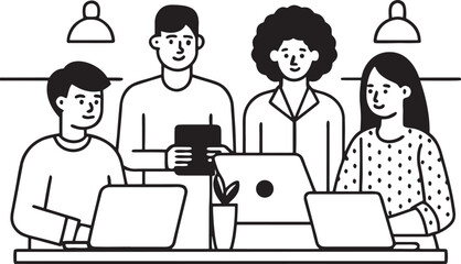 Diverse group of people working together at laptops and tablet diversity team