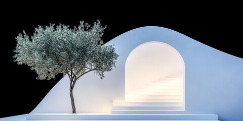 Stunning architectural design featuring a unique entrance with an olive tree near stairs during evening hours