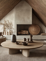 Modern interior design featuring a minimalist living room with earthy tones and natural textures in a cozy cabin setting