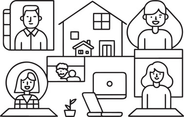 Flat illustration of people in video calls with a house and laptop remote work online meeting