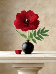 Dark Red Tulip in Black Vase on Marble Surface