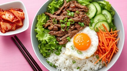 Colorful Bibimbap Bowl with Beef and Fried Egg