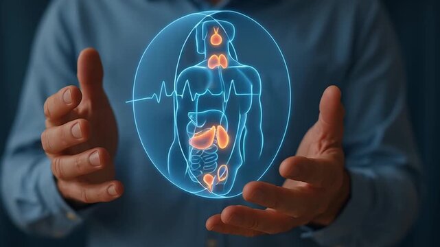Human digestive system medical technology health care anatomy hologram digital illustration internal organs stomach liver intestines pancreas thyroid gland esophagus kidneys futuristic healthcare