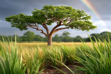 Solitary Cypress Tree in Green Field with Rainbow and Dramatic Sky