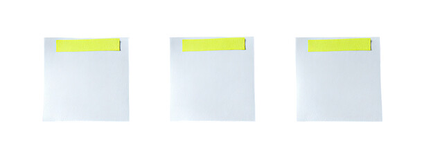 Three empty, rectangular, notepads with yellow sticky notes