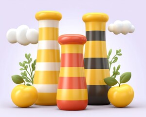 Whimsical Striped Cylinders with Fruits and Plants