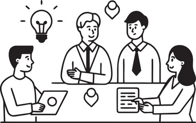 Four people in a meeting with a lightbulb and location pins business meeting teamwork