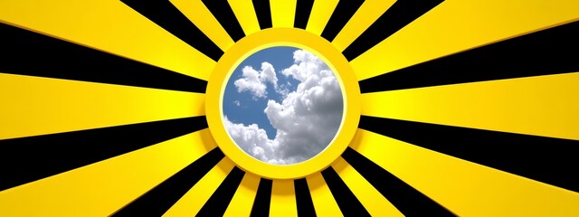 Abstract Graphic Design with Yellow and Black Stripes and a Circular Sky Window
