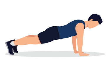 Men doing Push Up exercise, Men workout fitness, aerobic and exercises. Push-ups. Workout for arms and pectoral muscles. Fitness for weight loss. Vector Illustration.