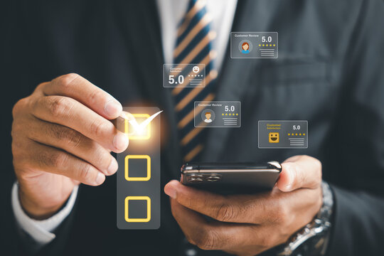 Customer satisfaction feedback shows a user experience review survey on an online app, allowing the customer to rate the service leading to a business enhanced reputation ranking