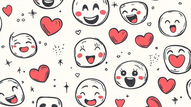 a seamless pattern of cute cartoon emoji expressions, created with simple black line art, showcasing a variety of emotional reactions such as joy, surprise, sadness, and love, with delicate red heart