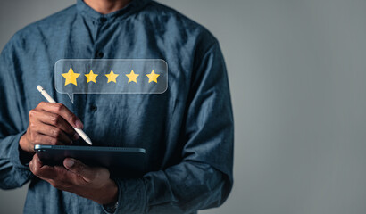 Excellent rating stars show a customer satisfaction review experience, offering vital feedback, as...