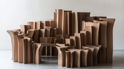 Obraz premium a sculptural paper formation crafted from rigid brown cardboard, its mechanical folds creating a dynamic interplay of vertical lines and structural rhythm, with carefully cast angular shadows adding
