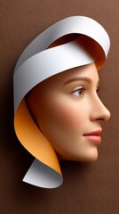 Abstract Paper Sculpture of Woman Profile with Spiraling White and Tan Frame on Brown