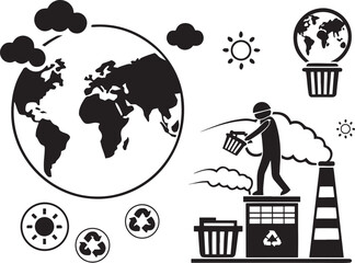 Silhouette Icons of Global Warming & Pollution on White Background