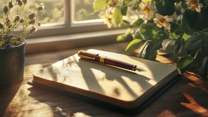 Fountain pen on open notebook, sunlight, window, plants - Powered by Adobe