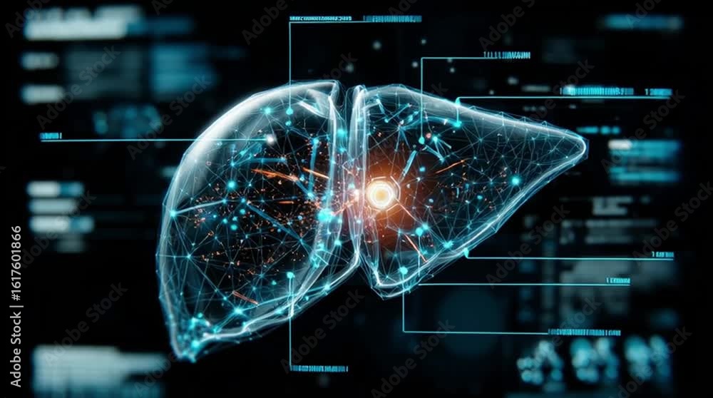 Poster healthtech. a digital representation of a liver with data overlay.