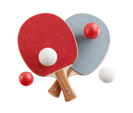 Two ping pong paddles and balls in a 3D graphic