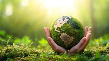 a symbolic representation of environmental care, featuring hands gently supporting a moss-textured globe, evoking themes of carbon neutrality and sustainability, with soft sunlight filtering through
