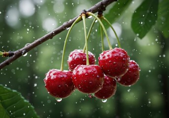 A close up of cherries on a branch covered in water droplets with a green background in the rain