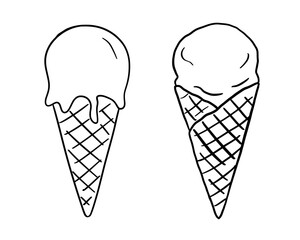 Ice cream hand drawn doodle set. Waffle cone. Sketch for cafe menu, card, birthday card decoration. Vector food illustration