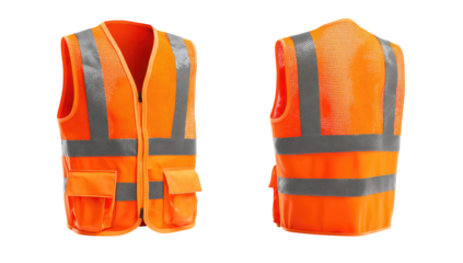 Front and back view of an orange safety vest.  Zippered front, reflective strips.  Utility pockets.  Safety gear