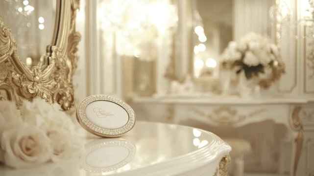 Ornate vanity with gold accents and a decorative frame