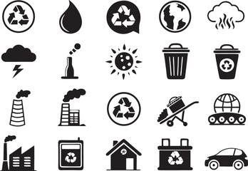 Silhouette Icons of Global Warming & Pollution on White Background