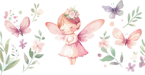 Watercolor fairy with butterflies and flowers border for kids design projects