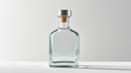 Clear glass bottle with cork stopper and metal cap on a white surface