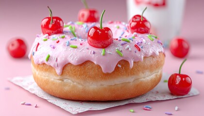 Pink Glazed Donut with Cherries and Sprinkles on Pink Background