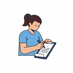 A focused woman with a ponytail writing on a clipboard, filling out a form or taking notes. Minimalist character vector illustration.