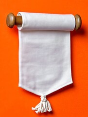 Elegant White Fabric Banner Suspended on Wooden Rod Against Vibrant Orange Backdrop