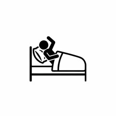 Waking up concept. A stick figure stretches in bed in the morning after a good night's sleep. Rest and sleep icon.