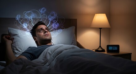 Sleepless man in bed with tangled thoughts visualised as glowing lines and smoke, indoors setting
