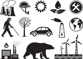 Silhouette Icons of Global Warming & Pollution on White Background