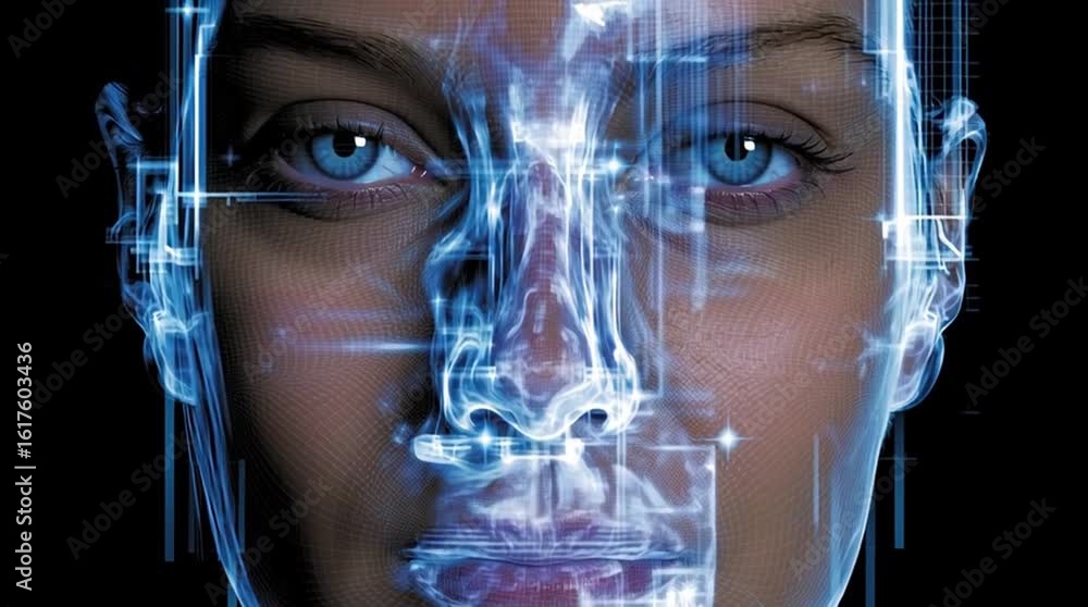 Poster healthtech. a digital rendering of a human face with technological elements.