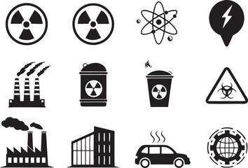 Silhouette Icons of Global Warming & Pollution on White Background