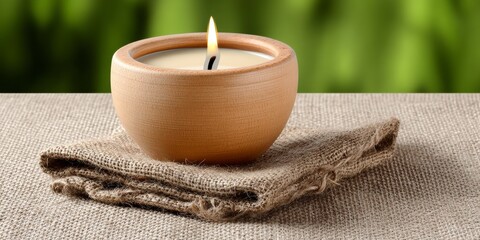 Lit Beige Candle in Brown Bowl on Burlap