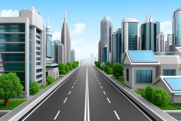 Futuristic City Street with Solar Homes and Lush Trees